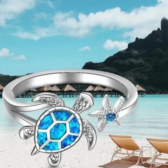 Stainless Adjustable Ring Blue Sea Turtle Starfish Ocean Christmas Birthday Gift - Picture 4 of 5